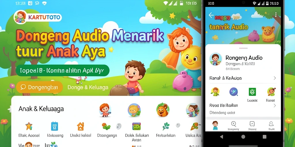Antarmuka aplikasi KARTUTOTO menampilkan berbagai pilihan dongeng audio.